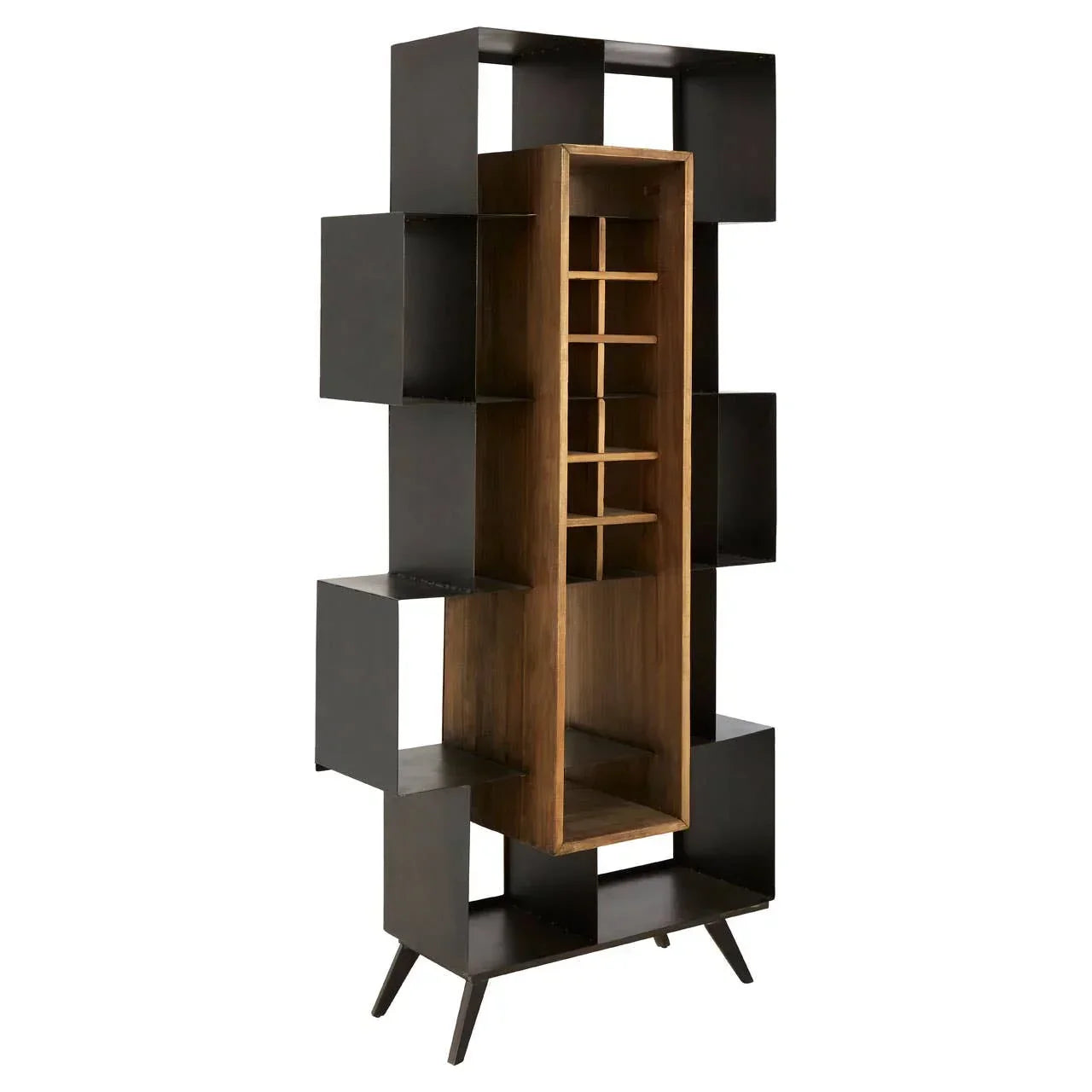Black and wood display unit with open shelves and central wine rack, angled front view