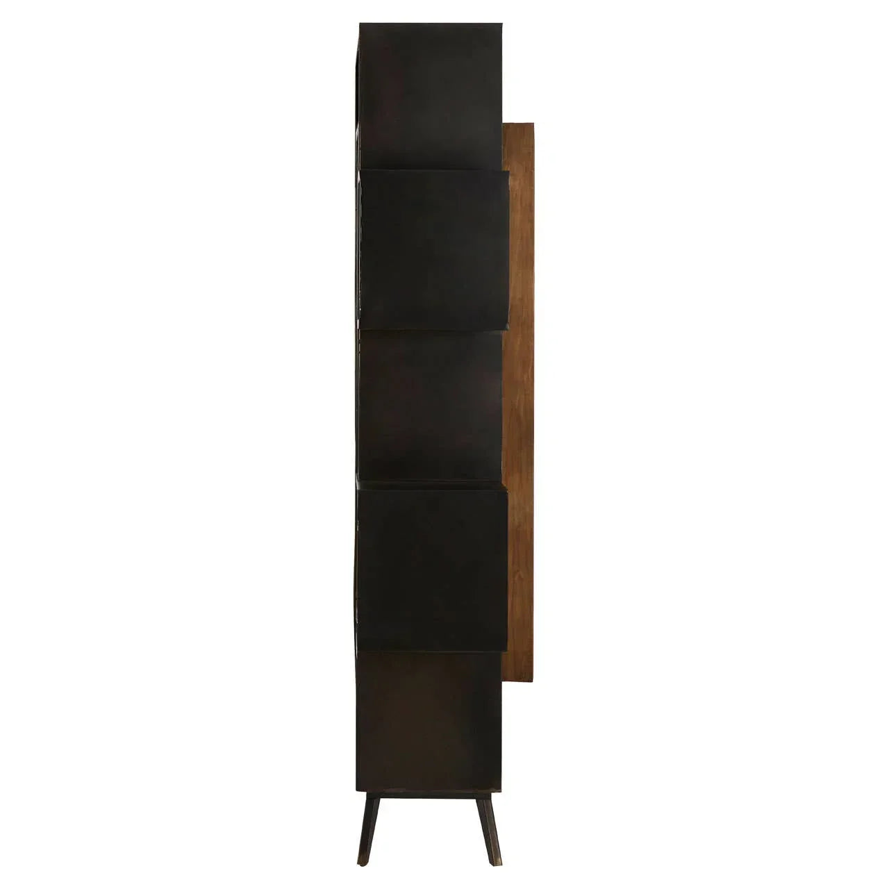 Side view of black and brown wooden cabinet with angled legs