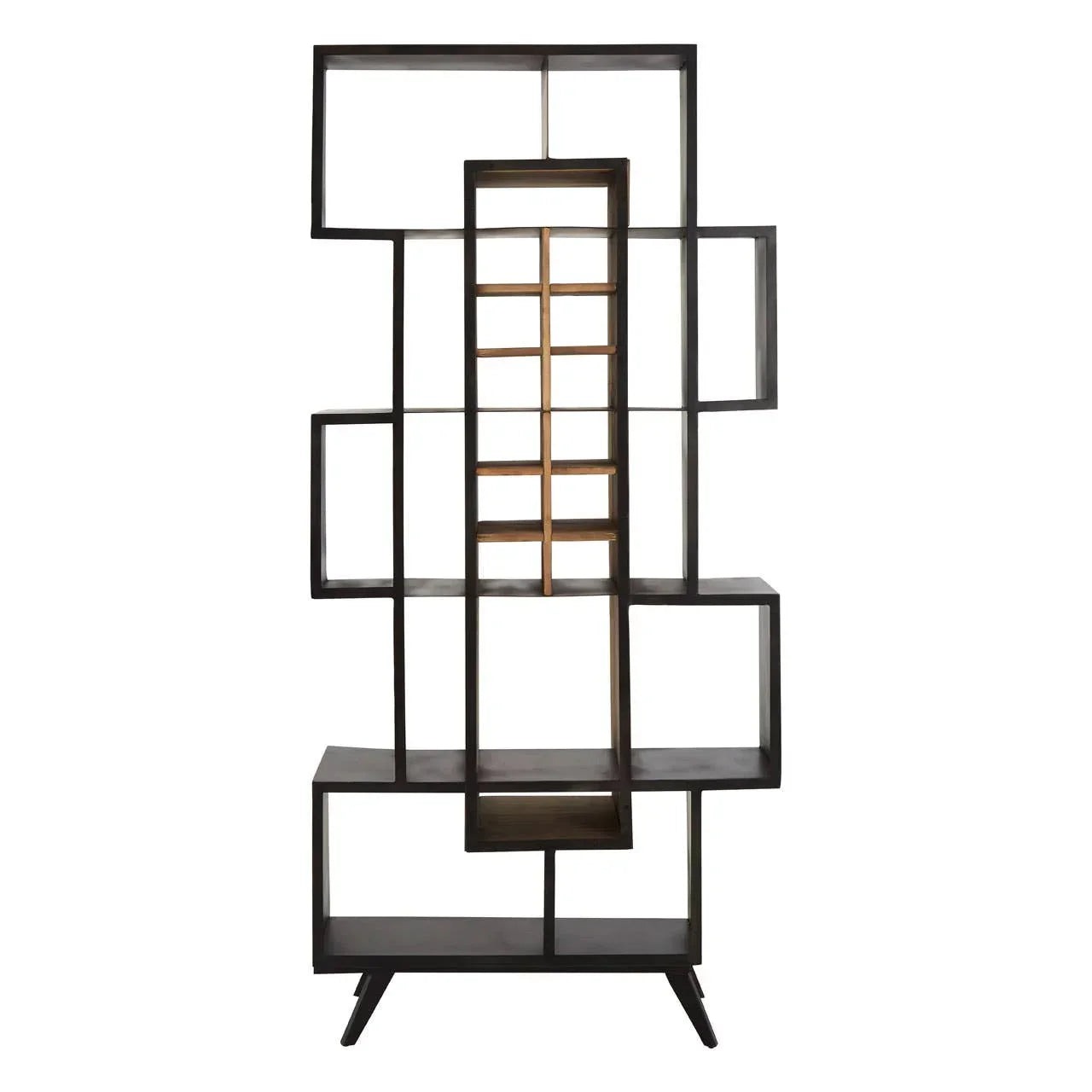 Geometric metal and wood display shelving unit with multiple open compartments