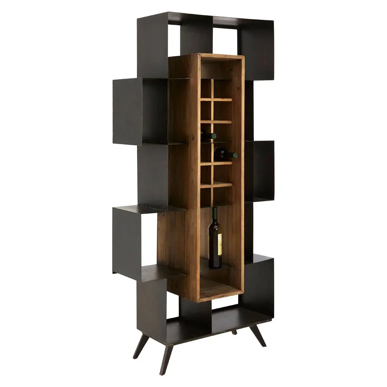 Modern wooden and metal wine rack cabinet with open shelves and bottle storage compartments