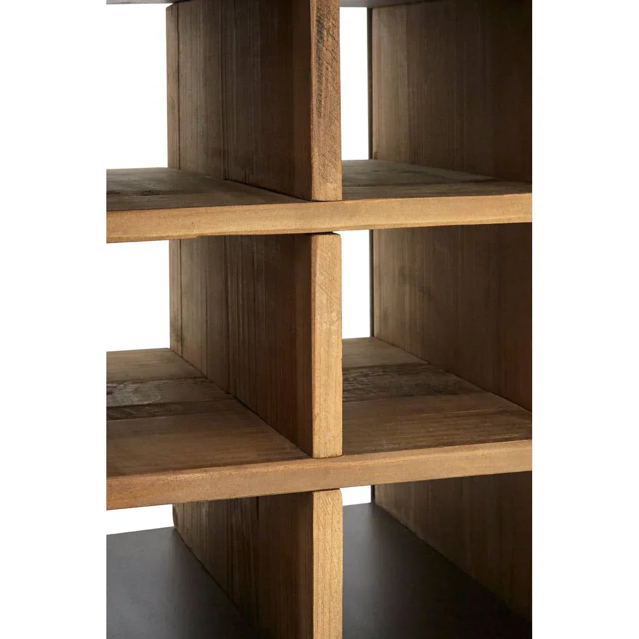 Close view of wooden shelving unit with cube compartments and natural wood grain finish