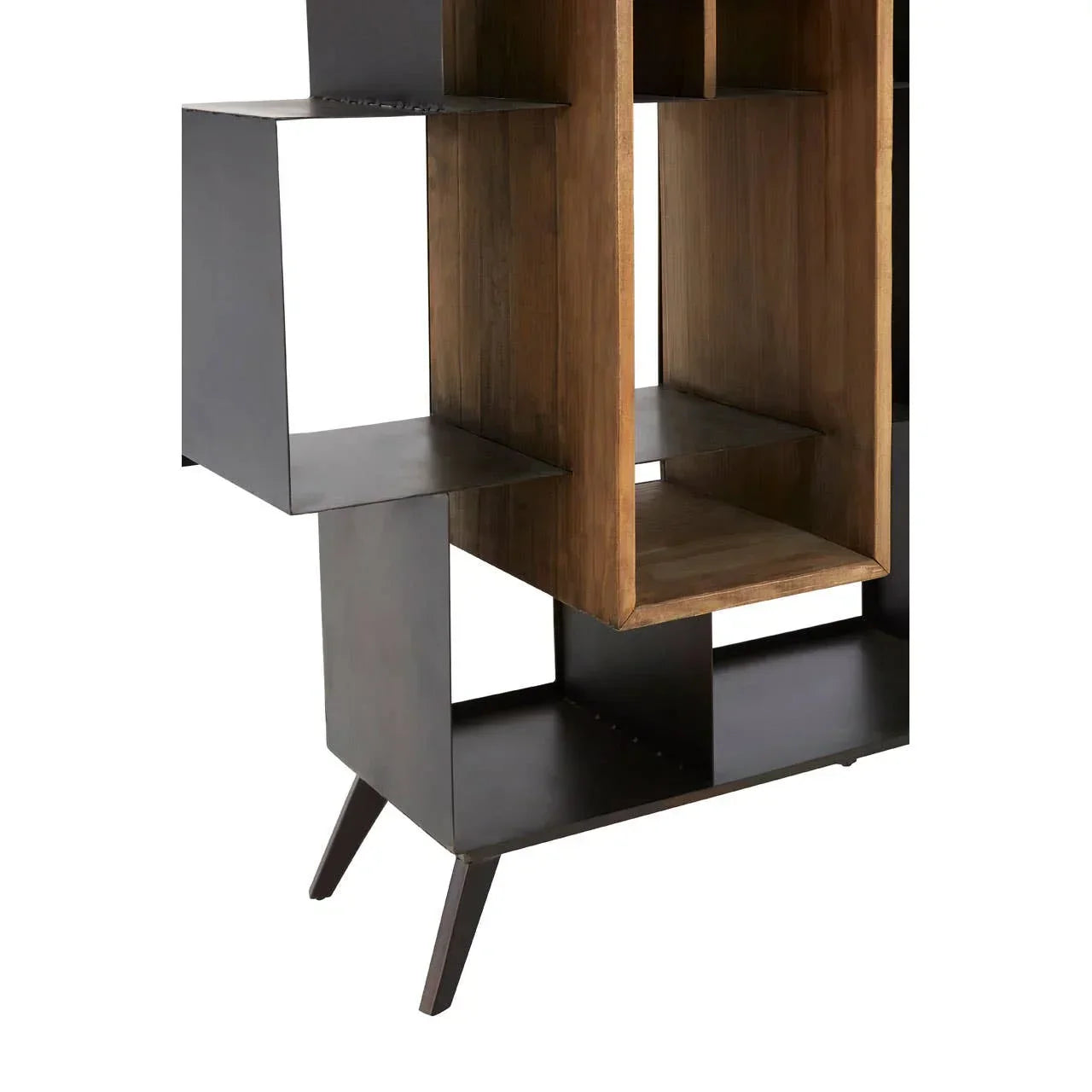 Modern wood and metal shelving unit with open compartments and angled legs