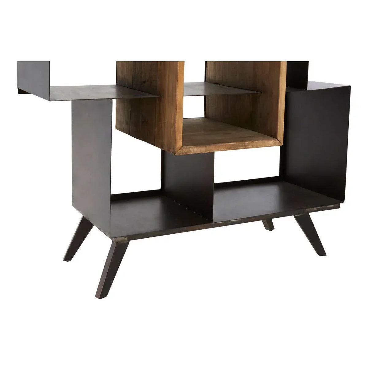 Modern wood and metal console table with open shelving and angled legs