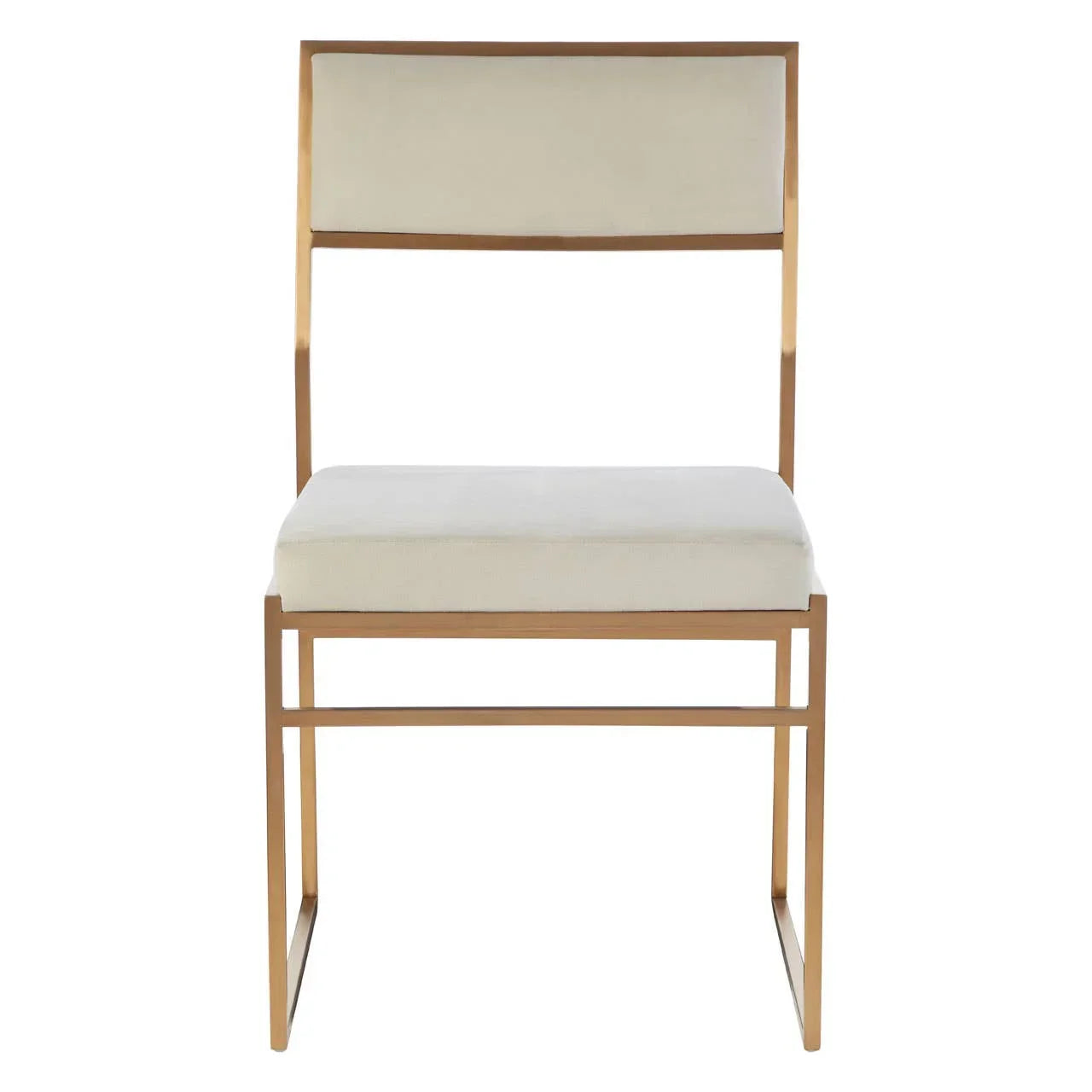 Modern dining chair with gold metal frame and cream upholstered seat and backrest