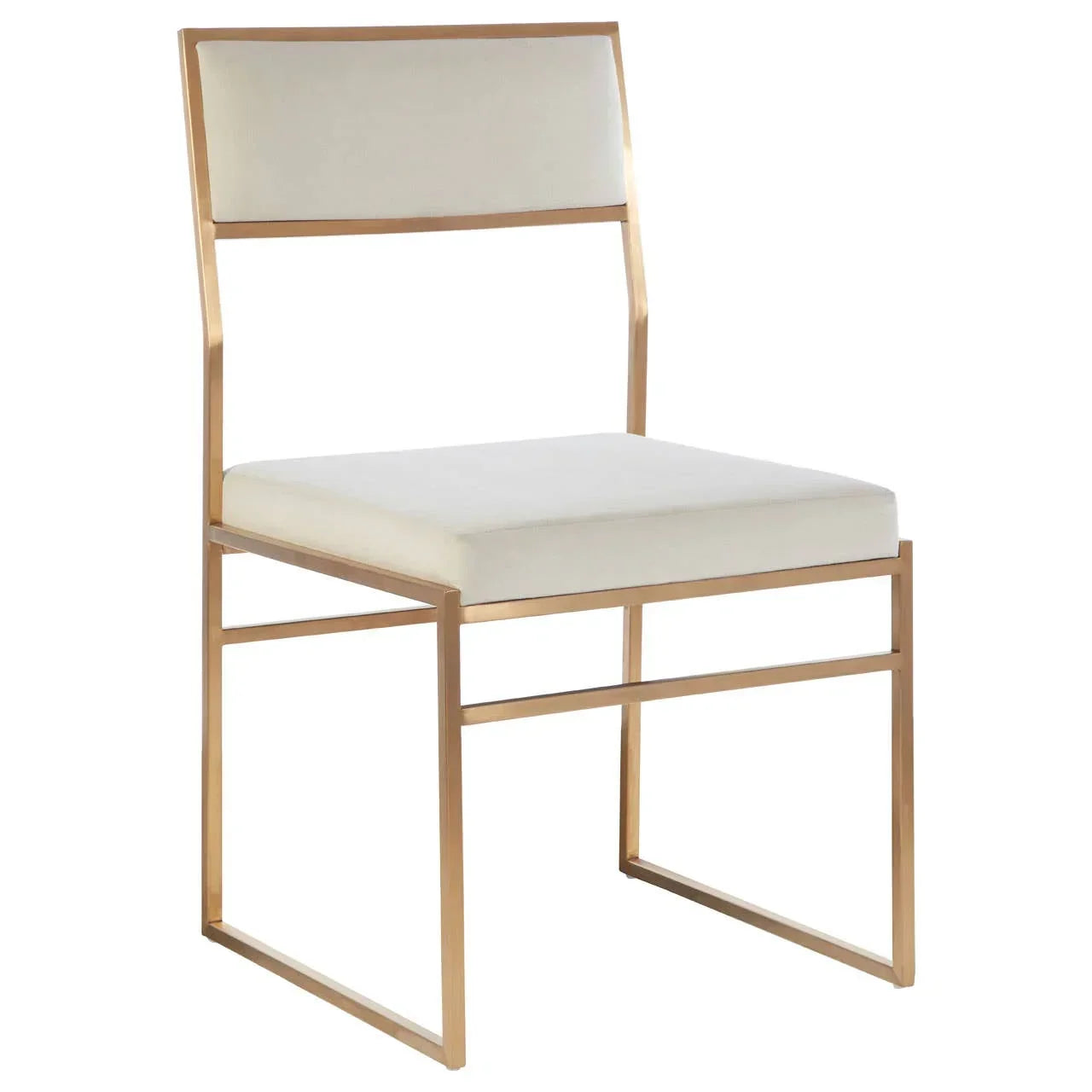 Modern dining chair with gold metal frame and white upholstered seat and backrest