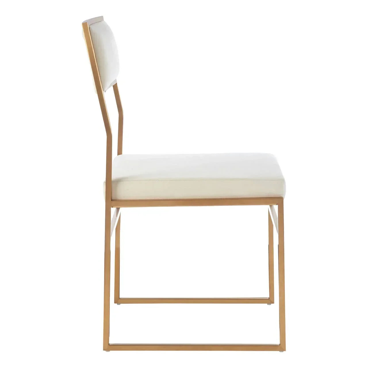 Side view of gold frame dining chair with cushioned white seat and backrest