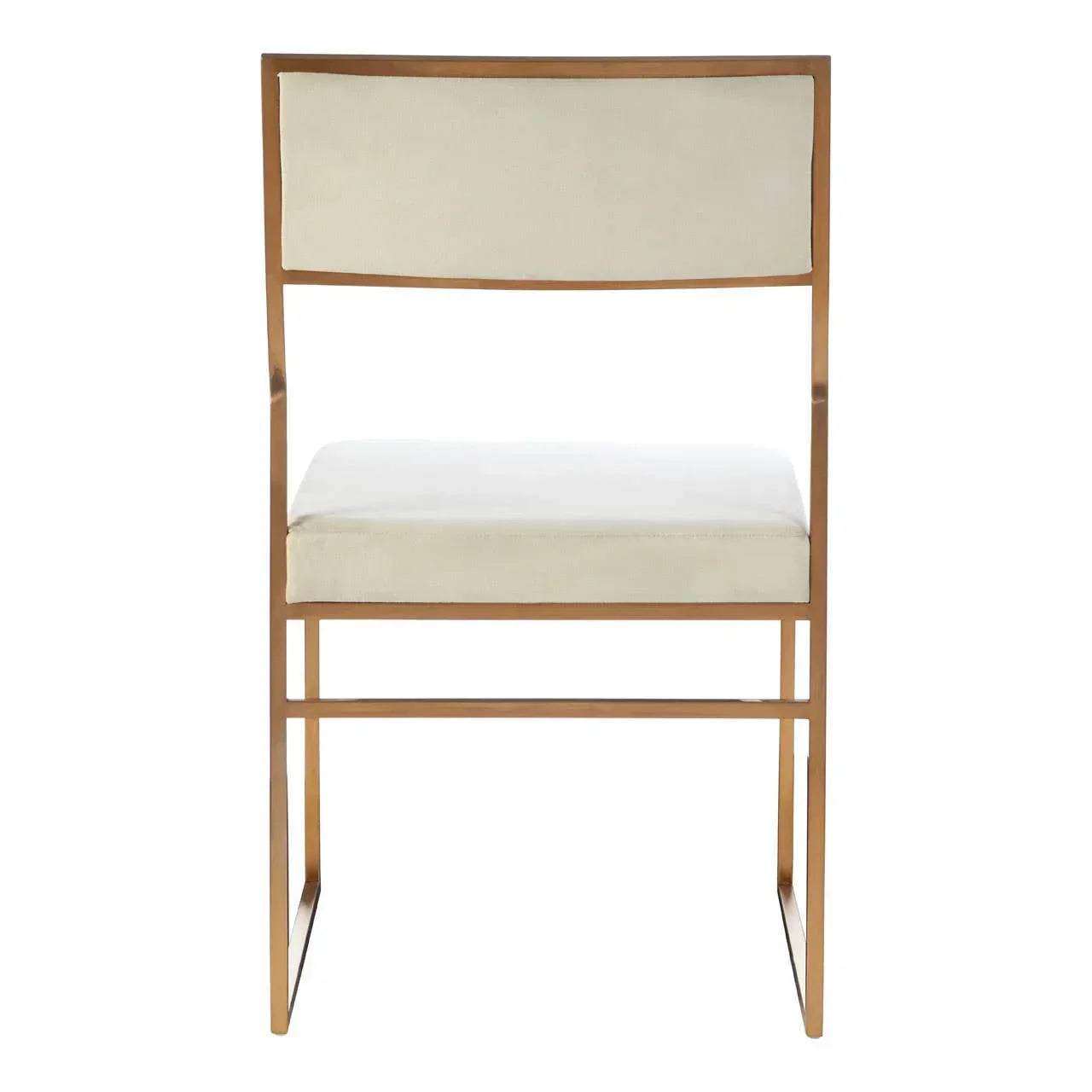Modern dining chair with gold metal frame and cream upholstered seat, rear view