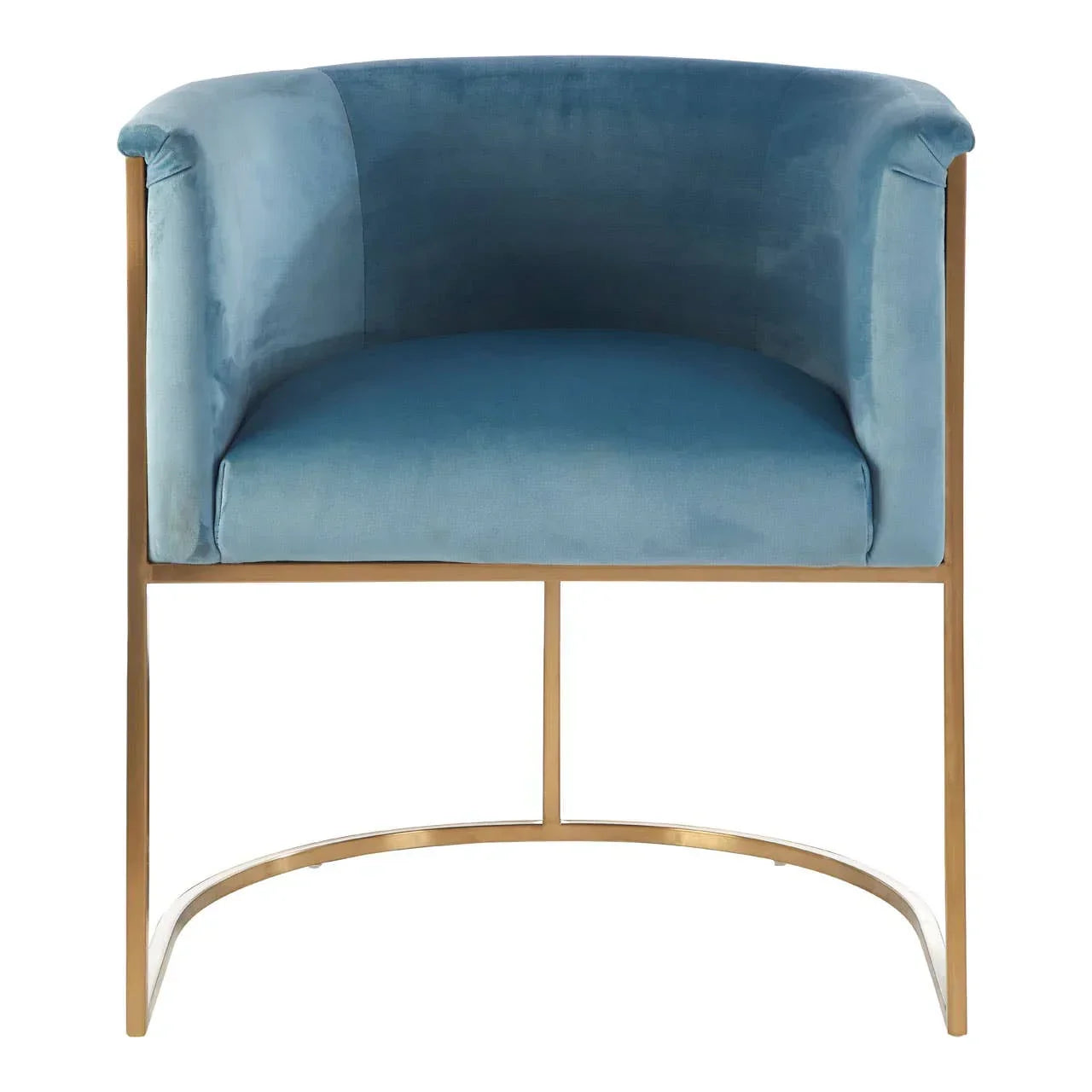 Blue velvet accent chair with curved backrest and gold metal frame, front view