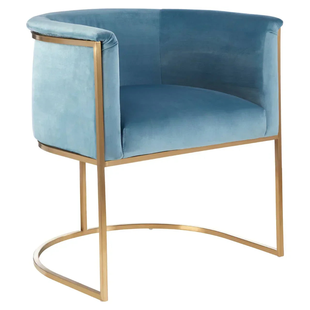 Blue velvet accent chair with curved back and gold metal frame