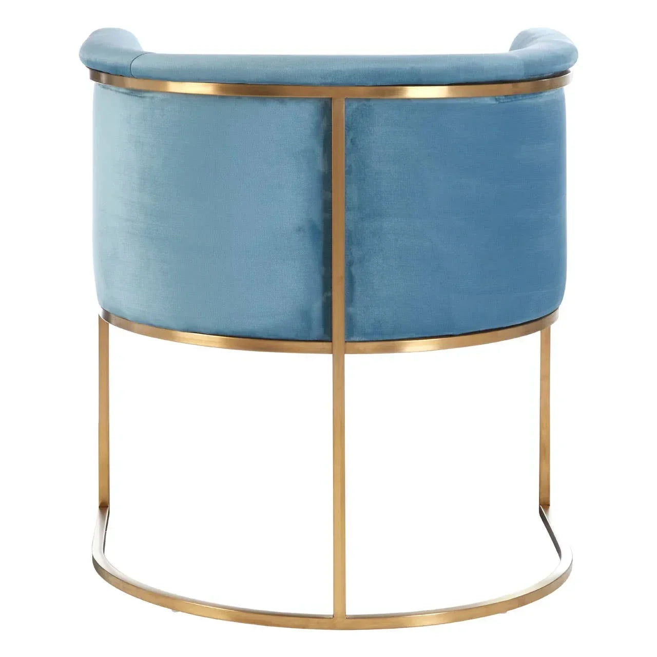 Blue velvet accent chair with gold metal frame, rear view