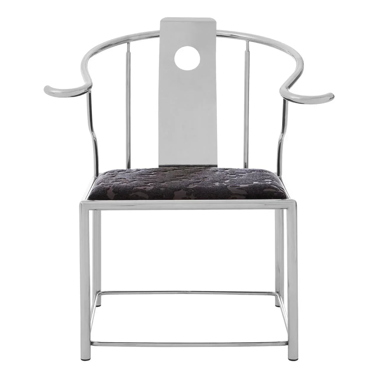 Chrome accent chair with curved arms and black patterned seat cushion, front view