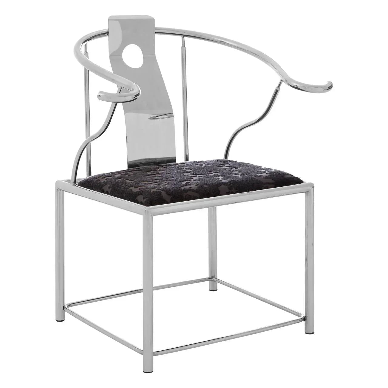 Modern chrome dining chair with curved metal frame and black velvet patterned seat