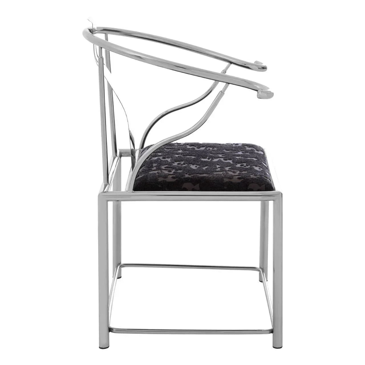 Side view of modern chrome dining chair with black patterned seat cushion
