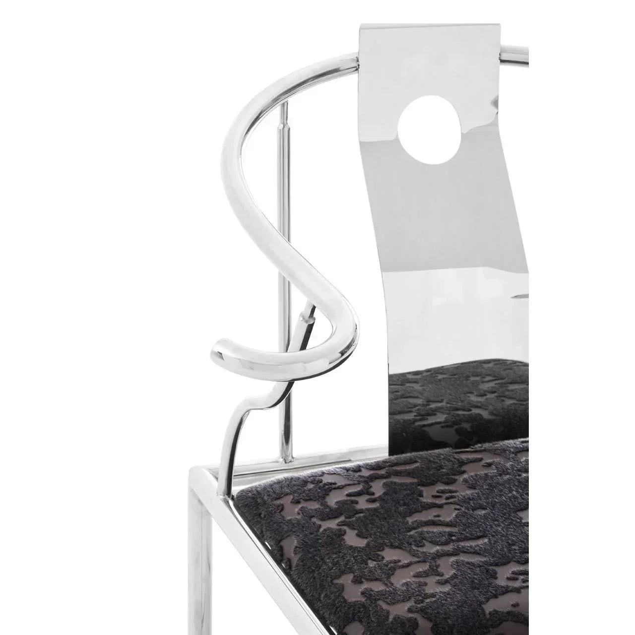Chrome dining chair with patterned black fabric seat and modern curved metal armrest