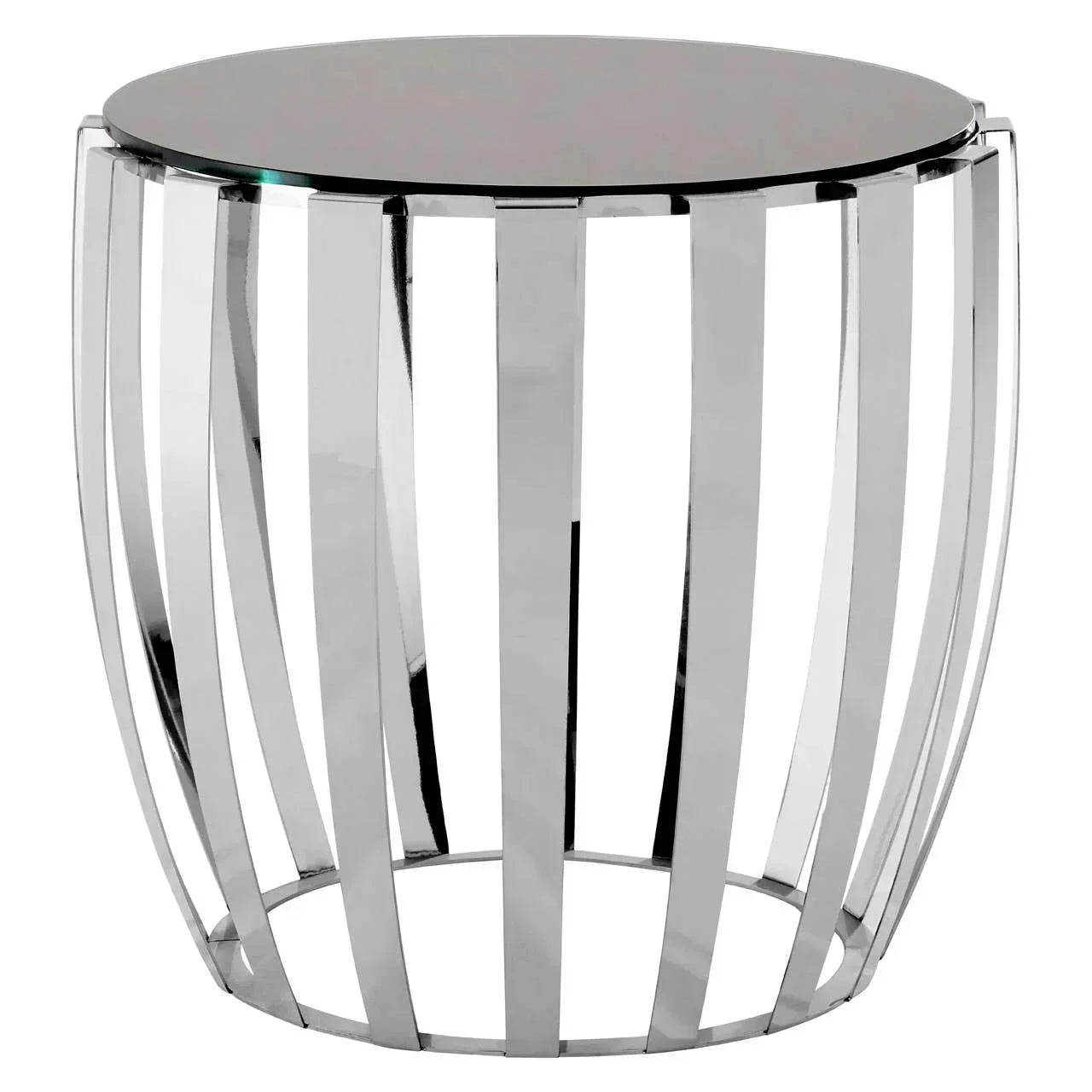 Round glass top side table with chrome metal base and open slatted design