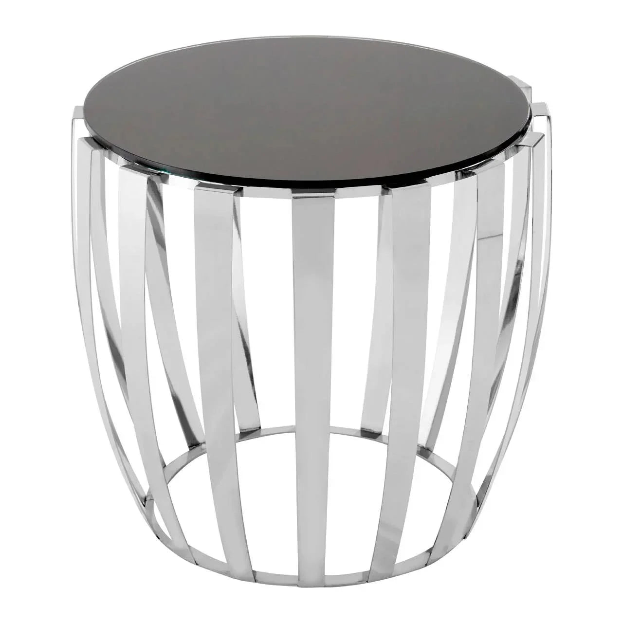 Round chrome side table with black glass top and open metal frame