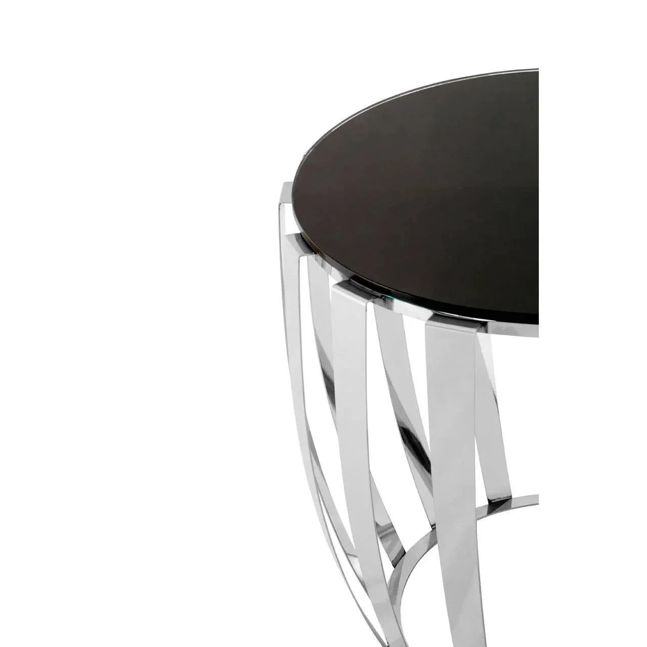 Round side table with black glass top and chrome metal legs, close-up angle