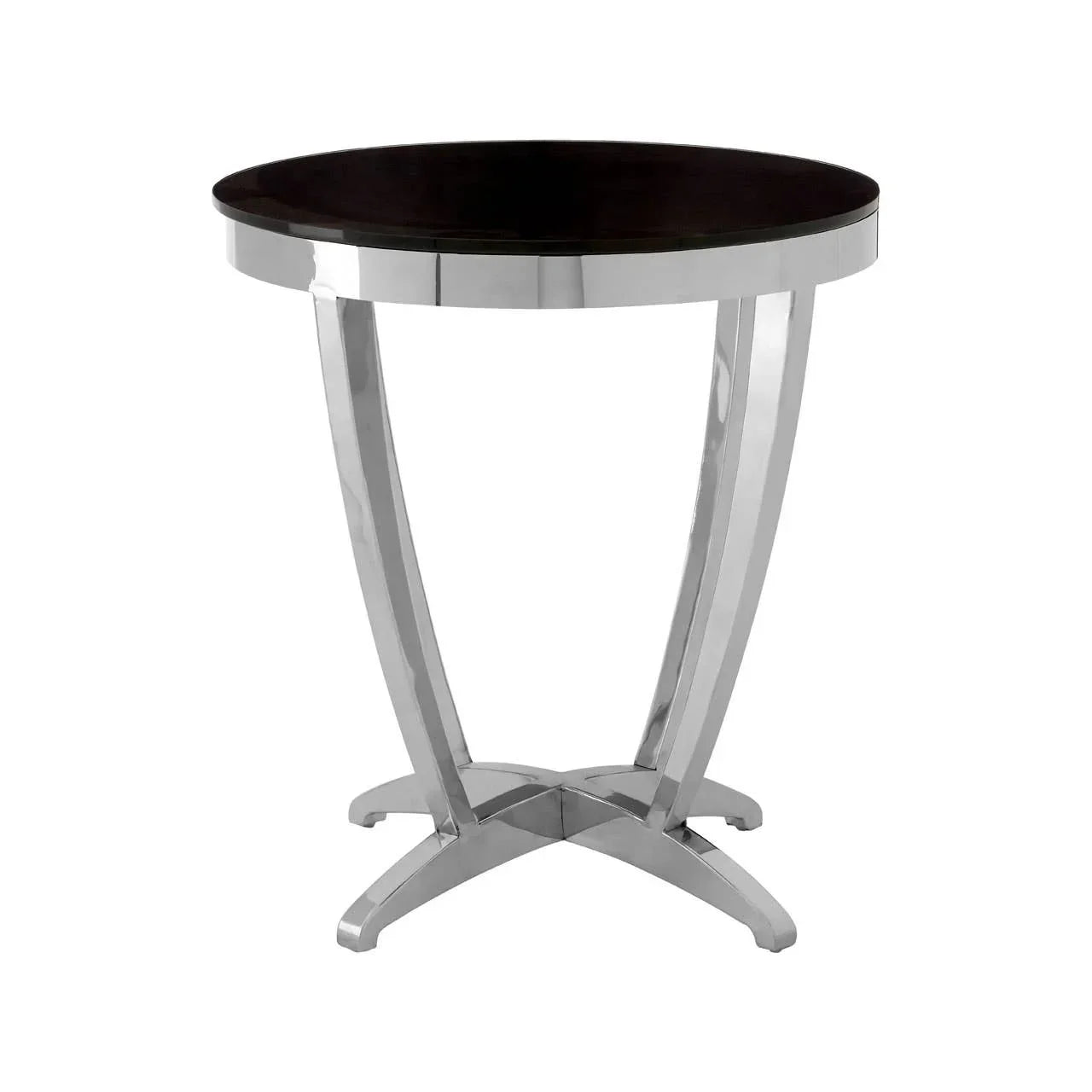 Round side table with black top and chrome metal legs