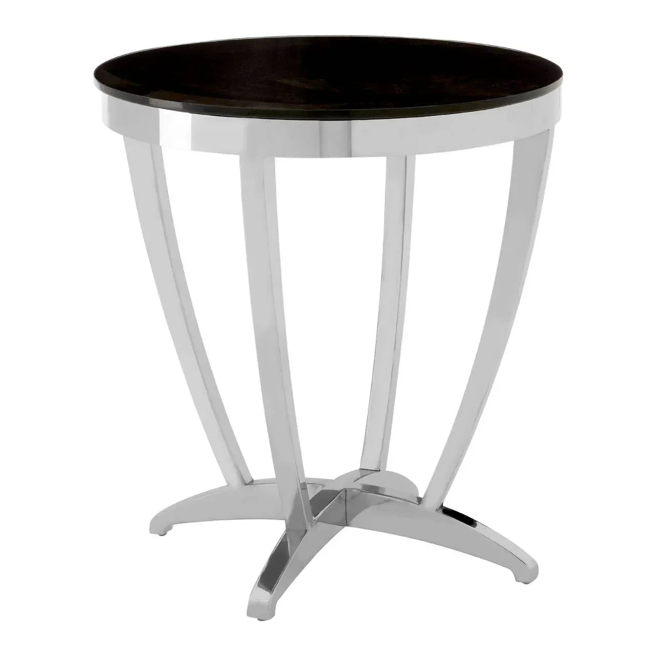 Round side table with black tabletop and chrome metal legs, modern accent furniture