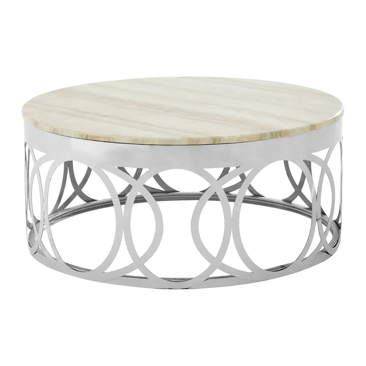 Round coffee table with light wood top and chrome metal circular base