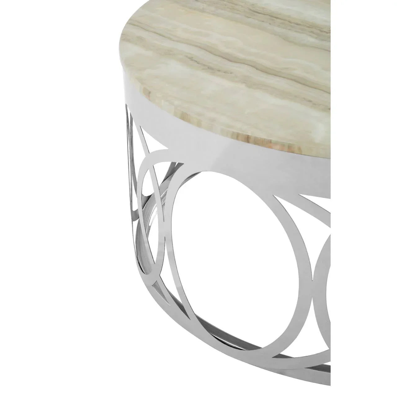 Round coffee table with marble top and chrome geometric metal base