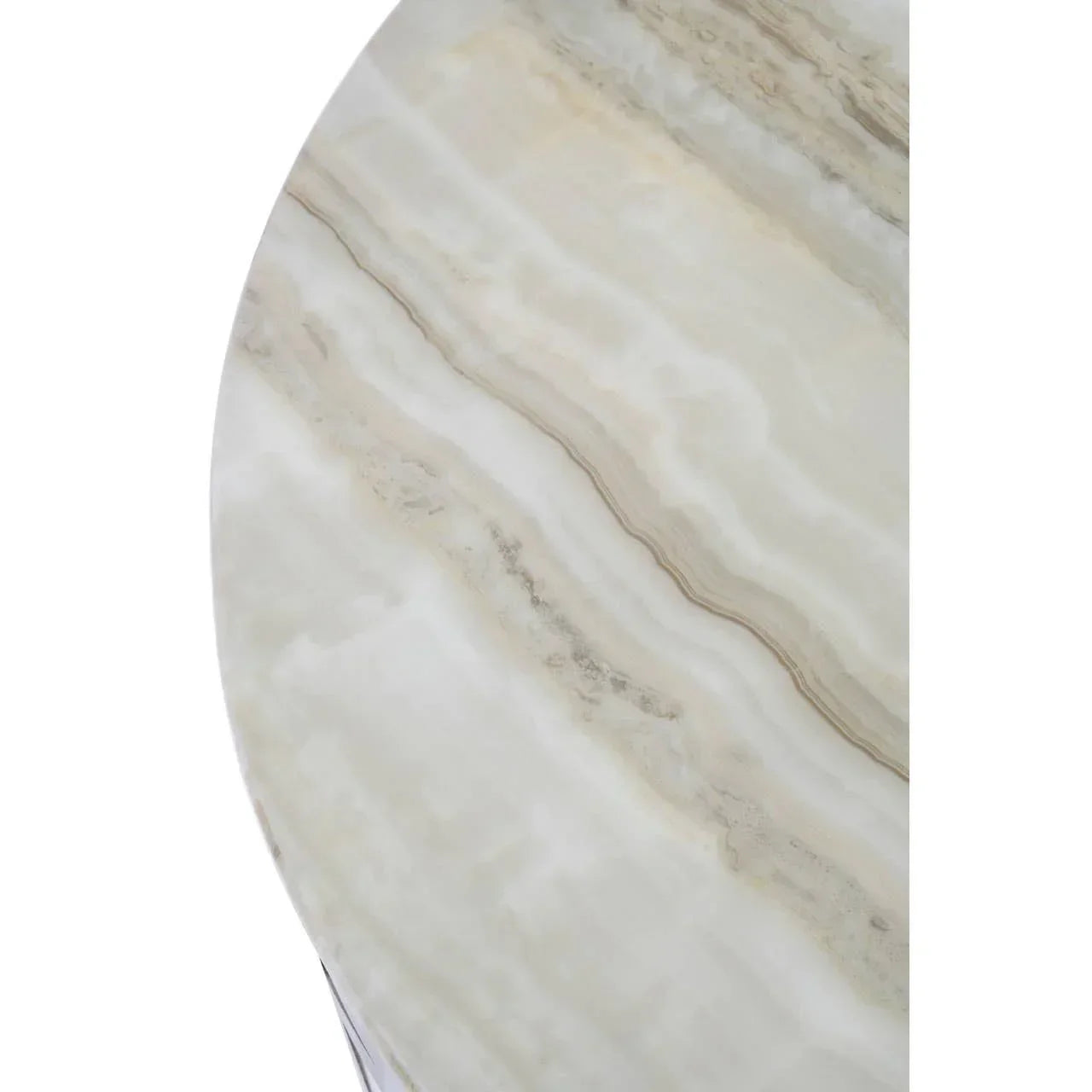 Round marble table top with beige and cream veining, close-up of stone texture