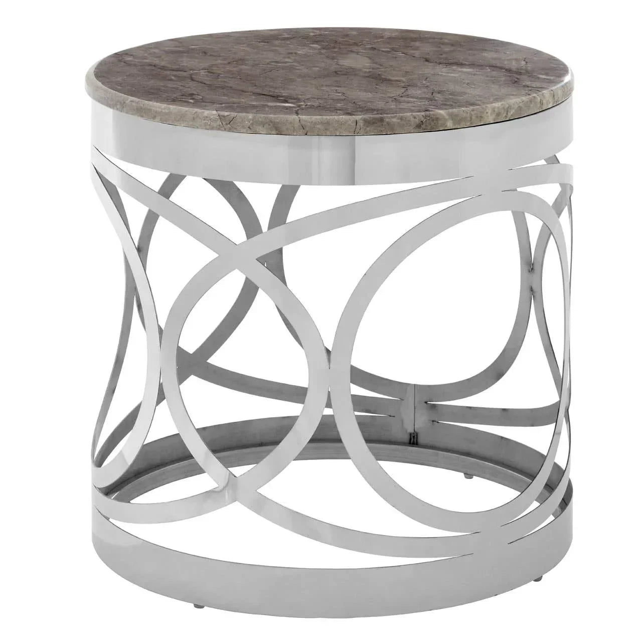Round marble top side table with silver metal geometric base