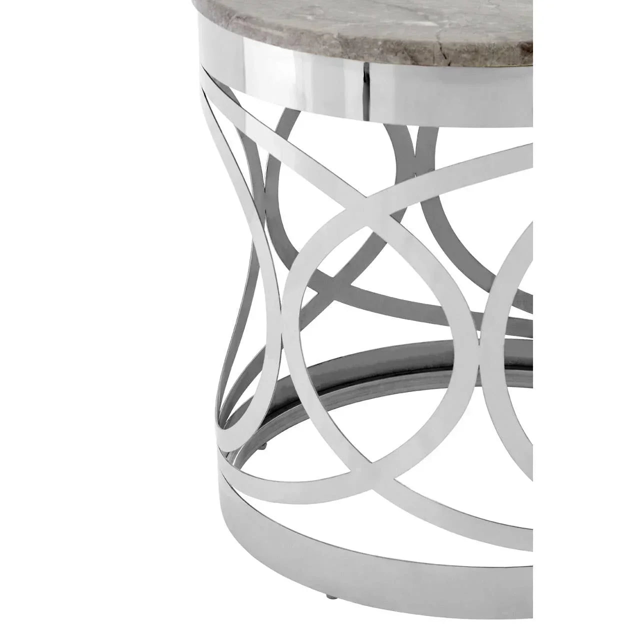 Round marble top side table with polished metal geometric base