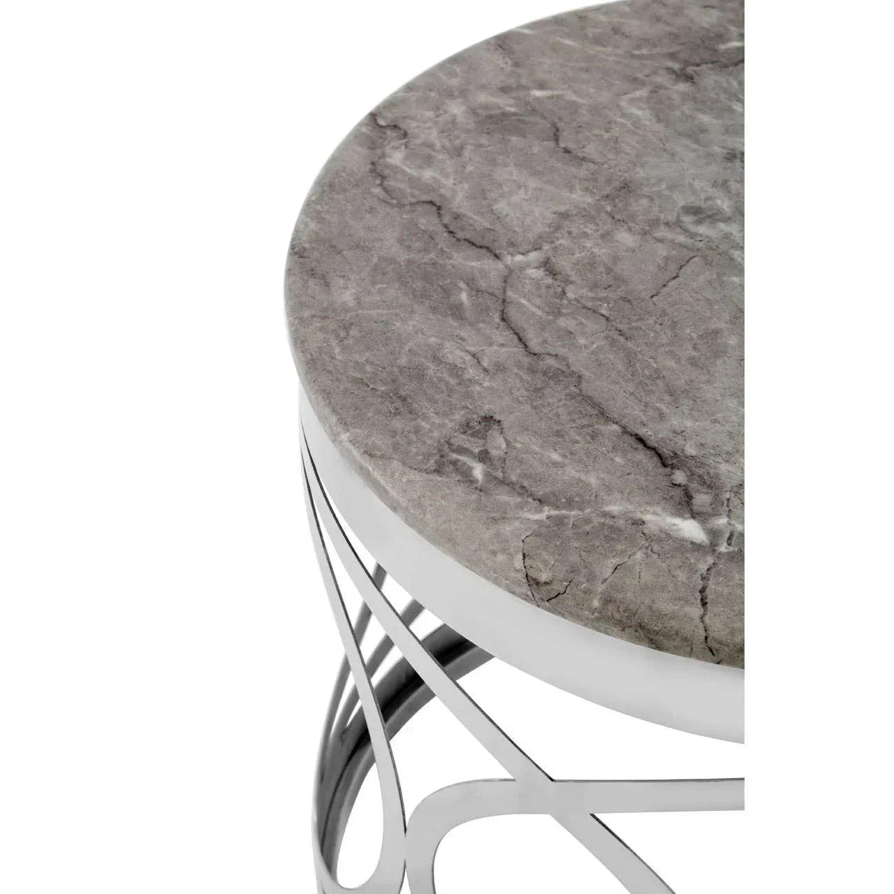 Round grey marble coffee table top with silver metal base, close-up view