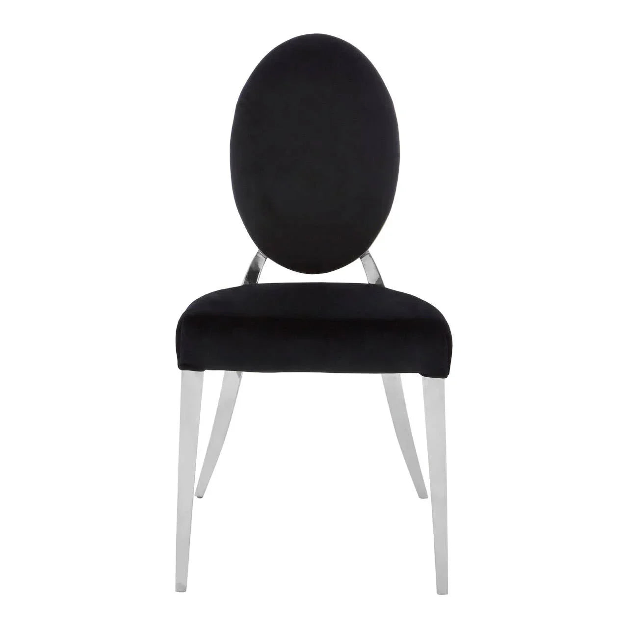 Black velvet dining chair with oval back and chrome metal legs, front view
