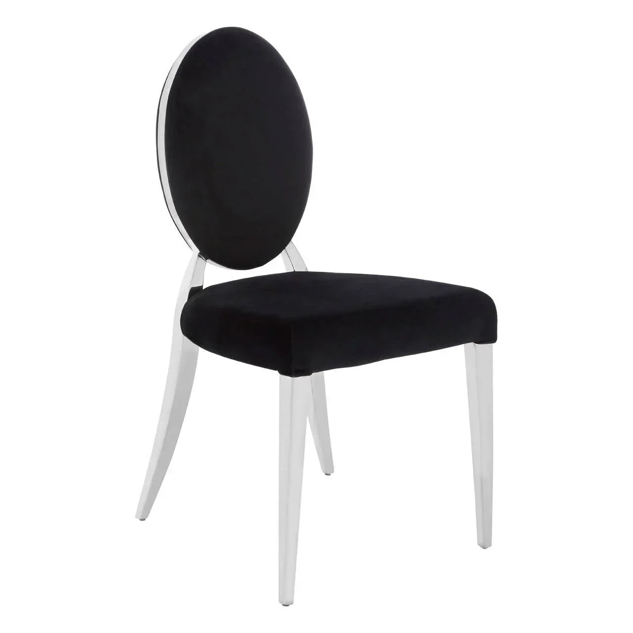 Black velvet dining chair with silver oval back and chrome legs, side angle view