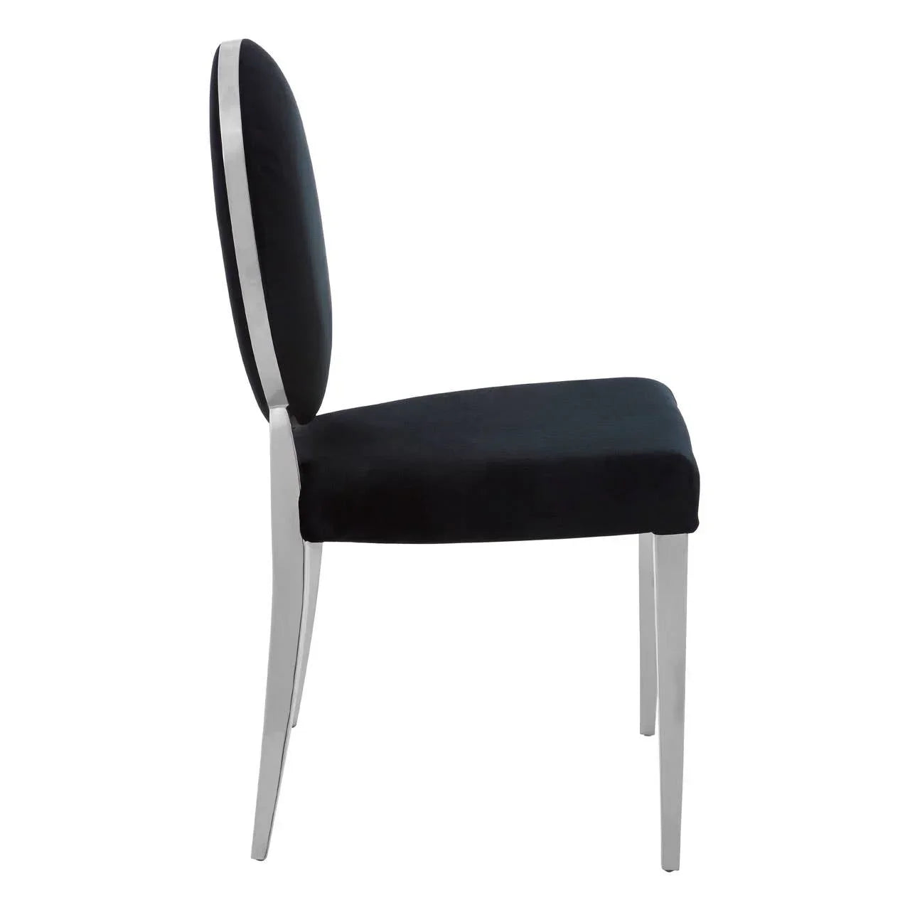 Side view of black velvet dining chair with chrome legs and oval backrest