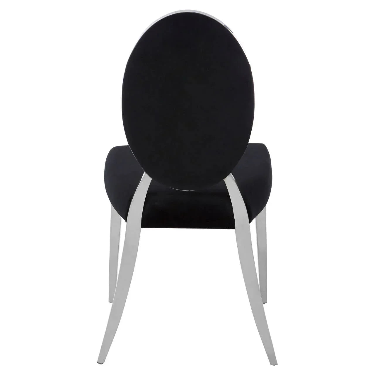 Modern dining chair with black oval backrest and chrome legs, rear view