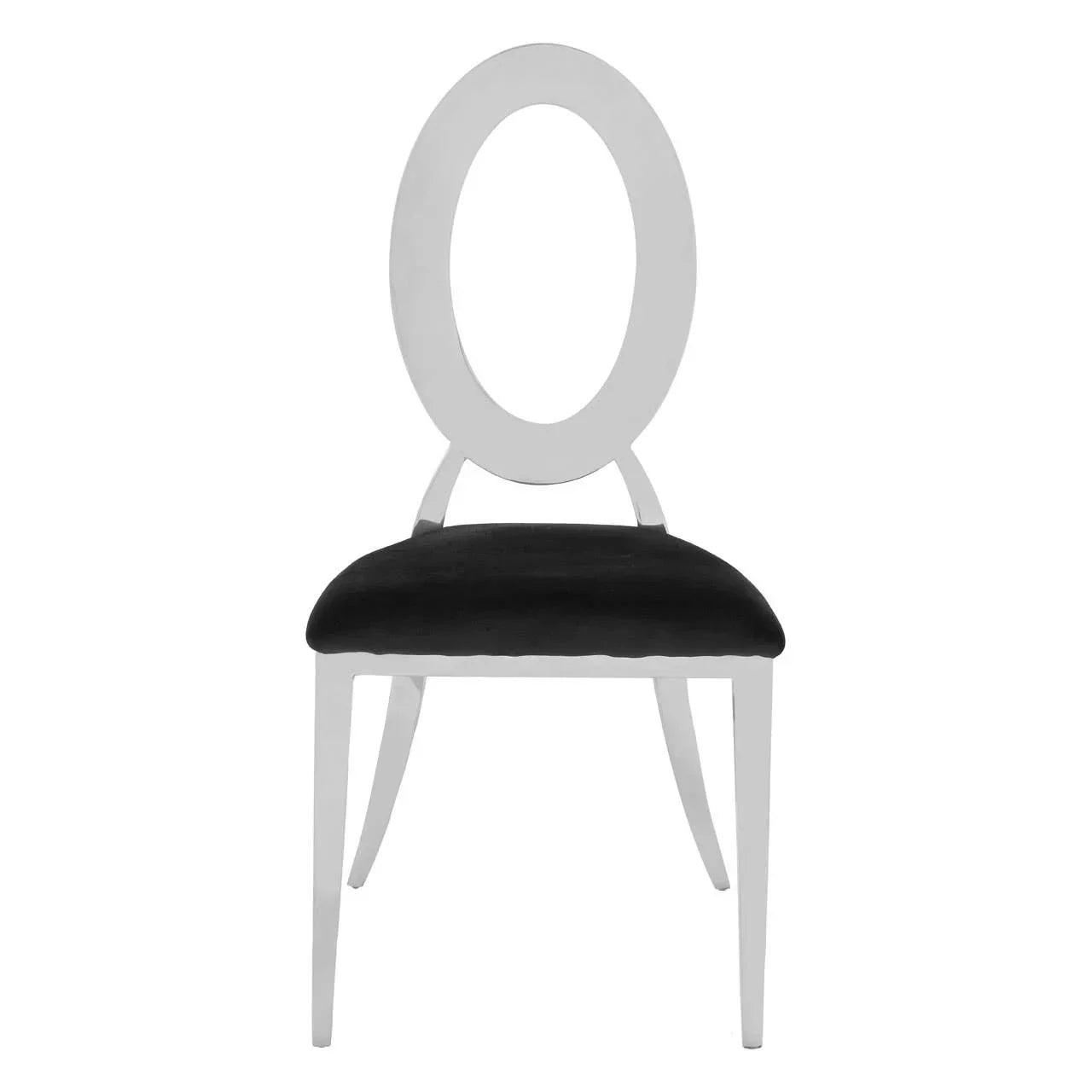 White dining chair with oval backrest and black upholstered seat, front view