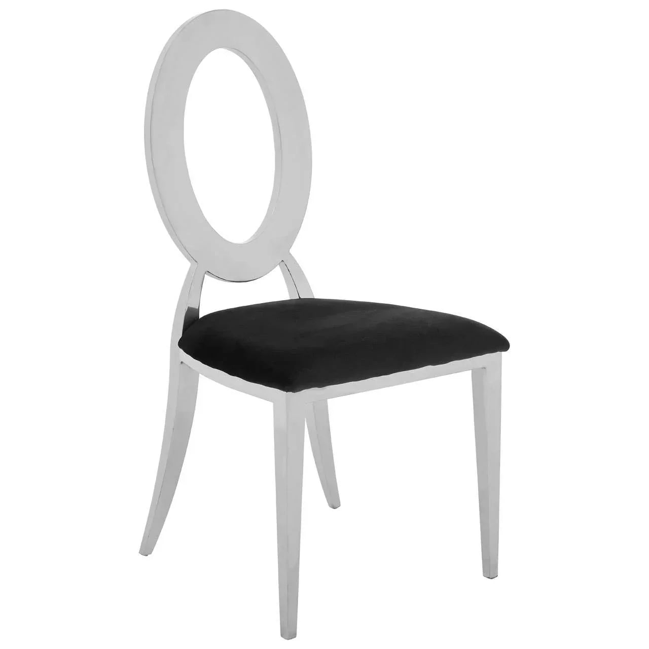 Modern dining chair with chrome oval backrest and black velvet seat on white background