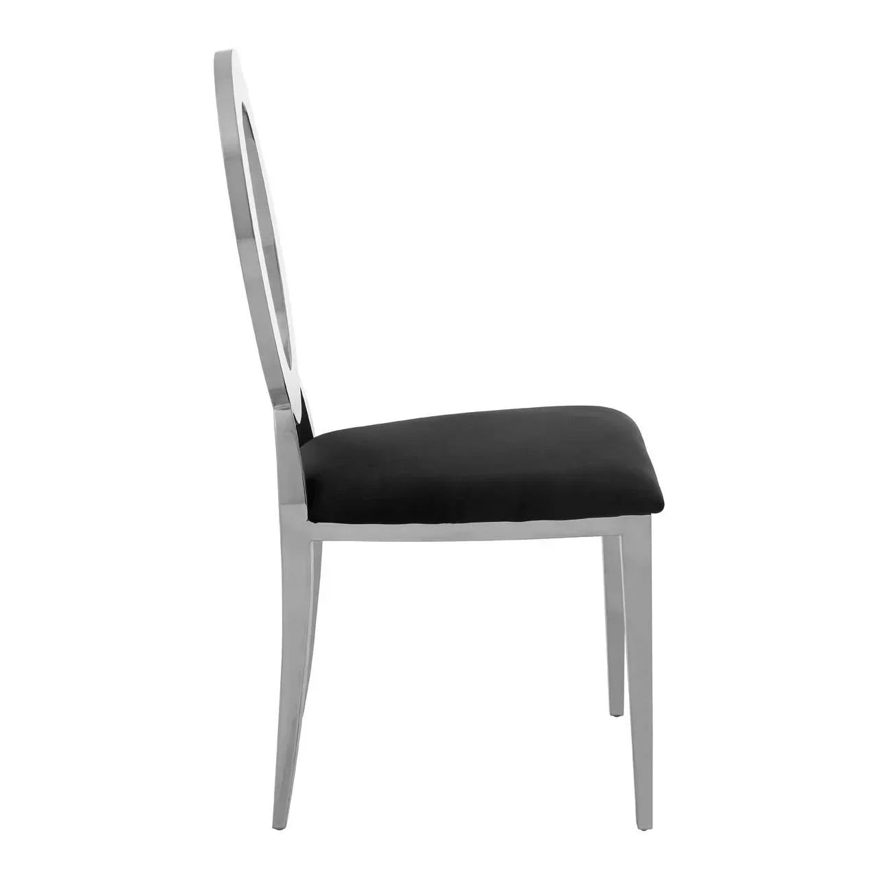 Side view of modern dining chair with chrome frame and black upholstered seat