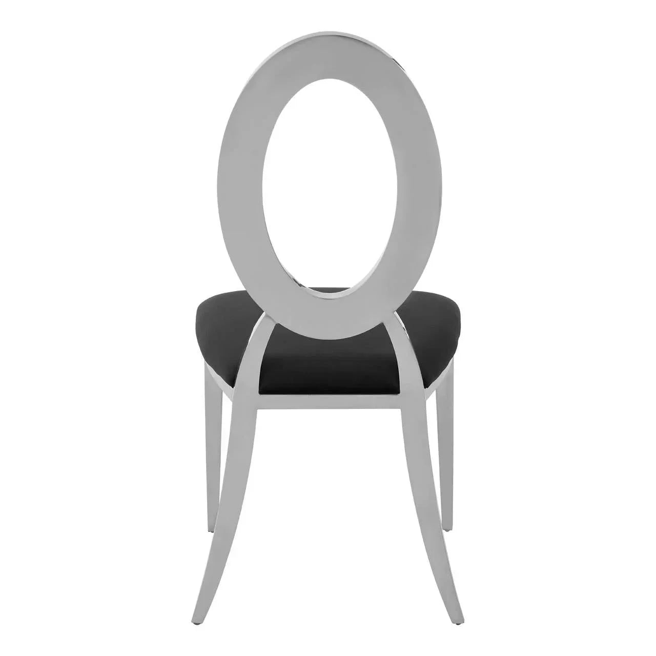 Modern dining chair with chrome oval backrest and black padded seat, rear view