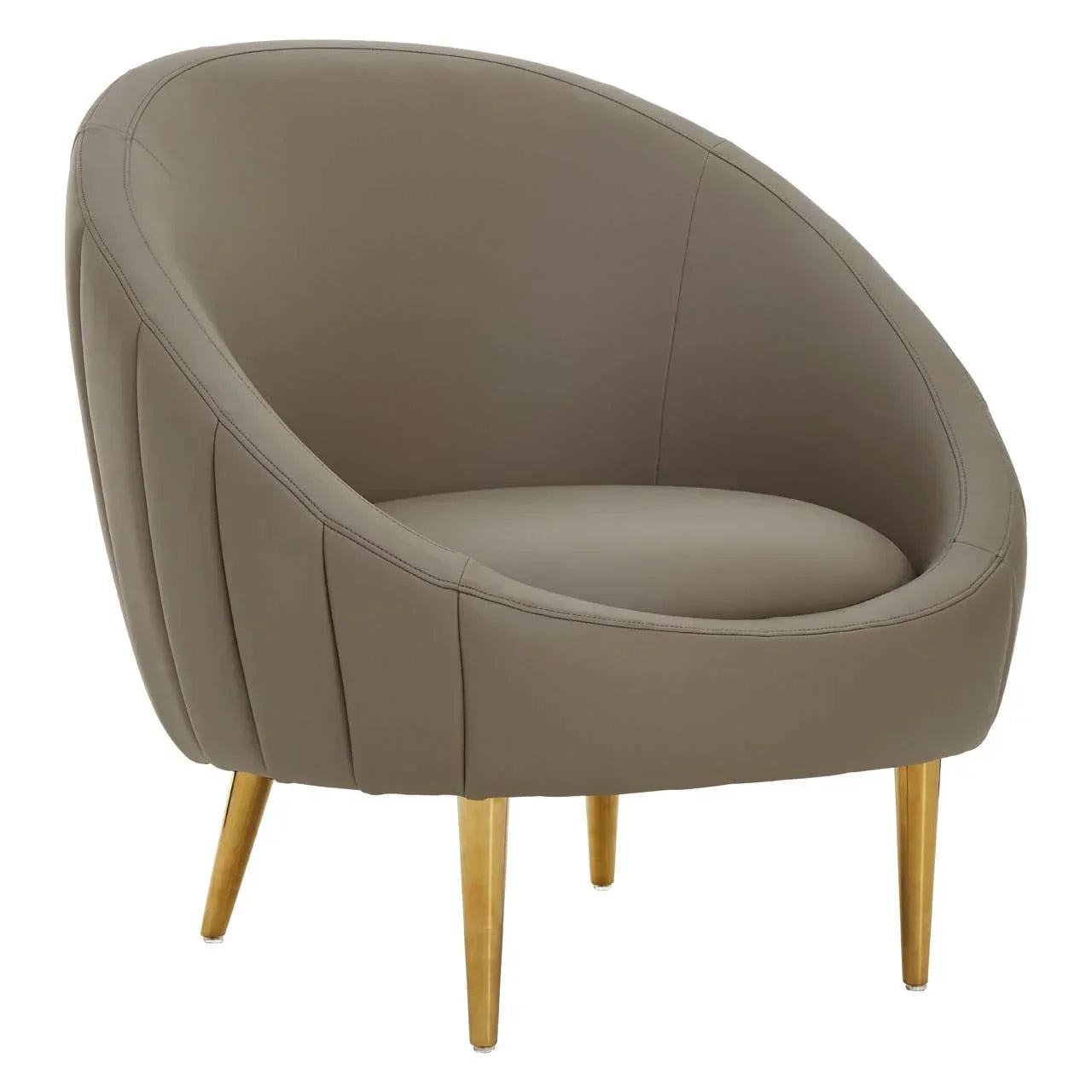Taupe accent chair with curved back and gold legs, upholstered in faux leather