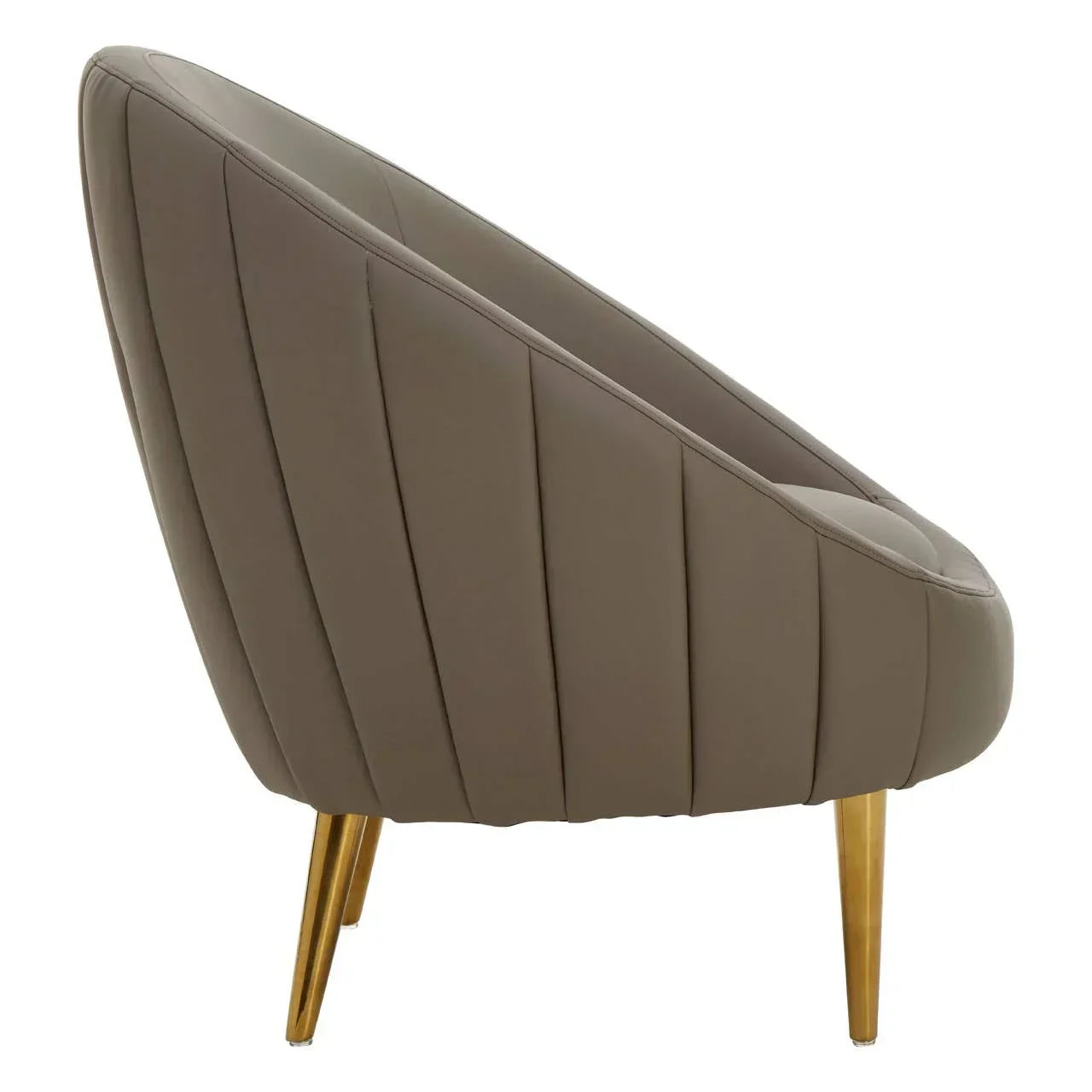 Taupe accent chair with gold metal legs, side view highlighting vertical stitched panels