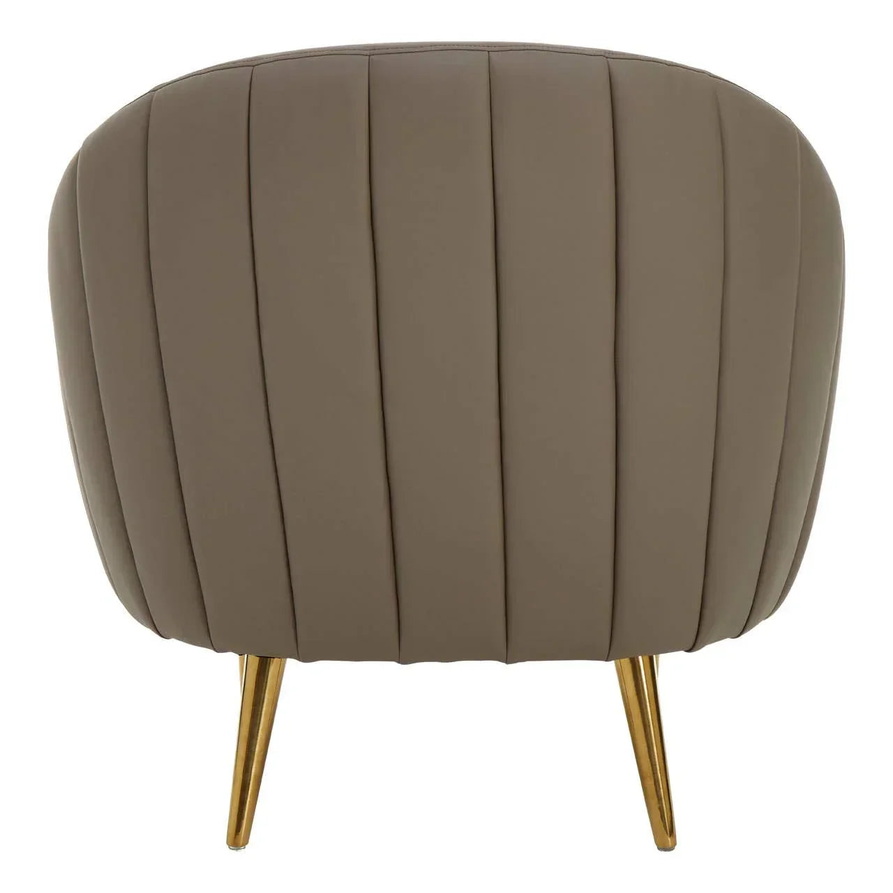 Taupe accent chair with vertical stitching and gold metal legs, rear angle view