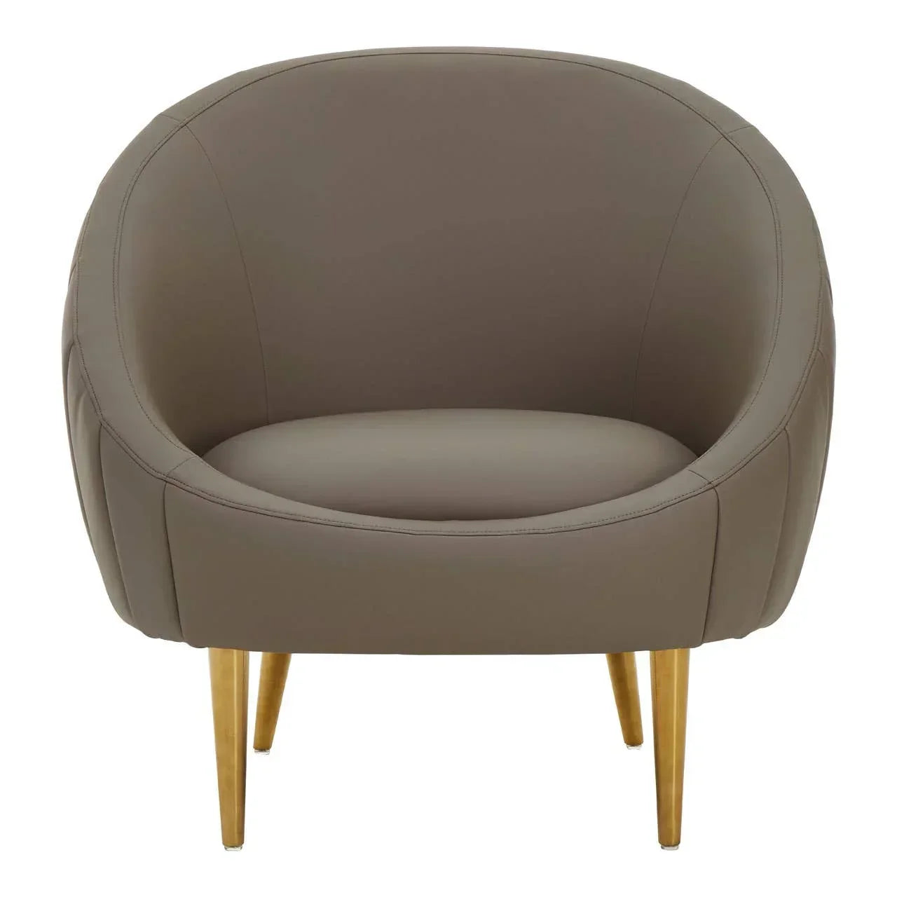 Taupe accent chair with curved backrest and gold metal legs, front view