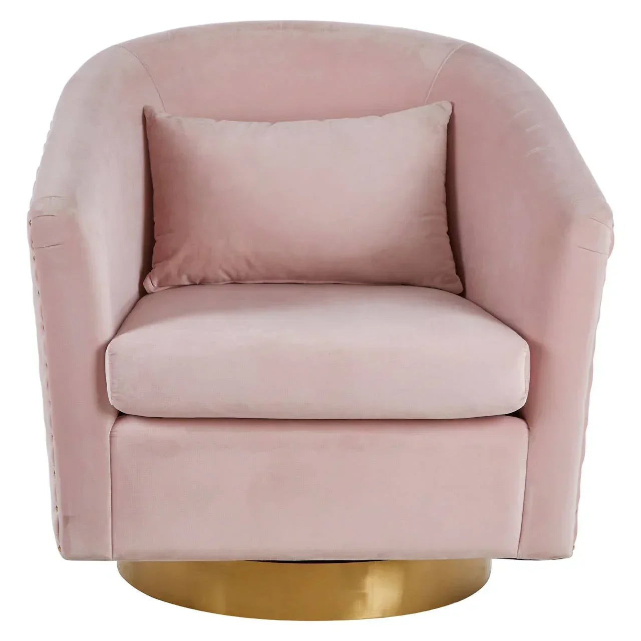 Pink velvet armchair with gold swivel base and matching cushion, front view
