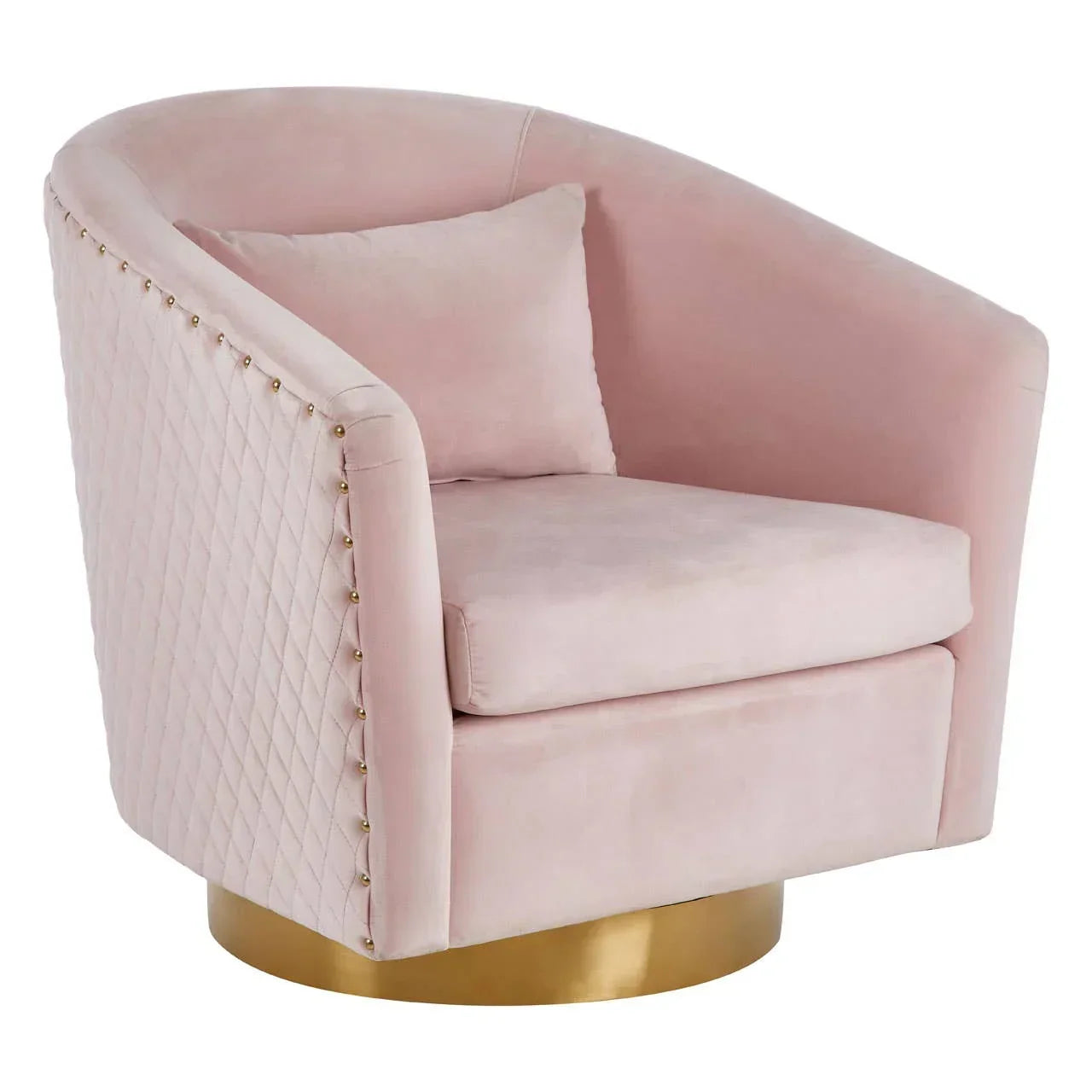 Blush pink velvet armchair with quilted back, gold base, and matching cushion