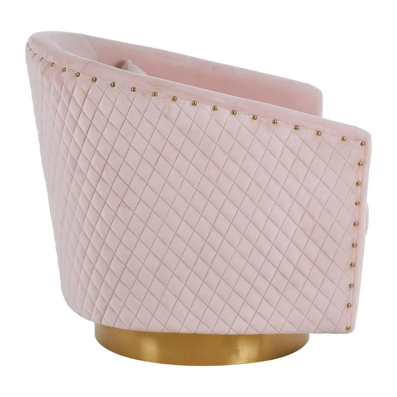 Pink velvet swivel chair with quilted back, gold base and studded trim, rear side view