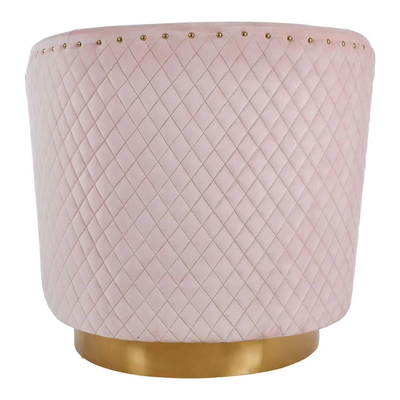 Pink velvet accent chair with quilted diamond stitching and gold base, rear view