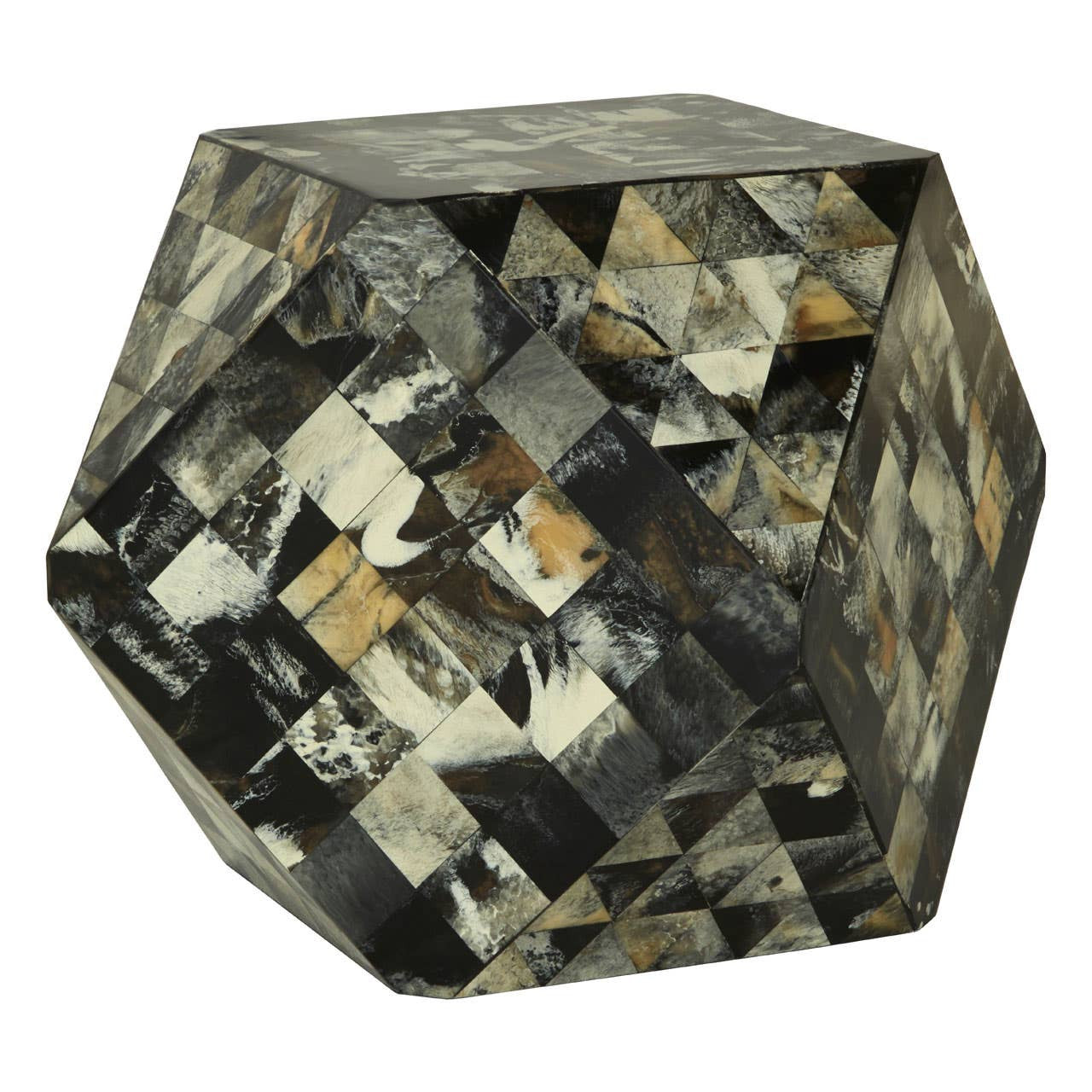 Antique green mosaic geometric hexagon side table featuring a multi-faceted design with a mix of dark and light tones, showcasing a textured surface and angular edges. The table has a unique, modern aesthetic suitable for various interior styles