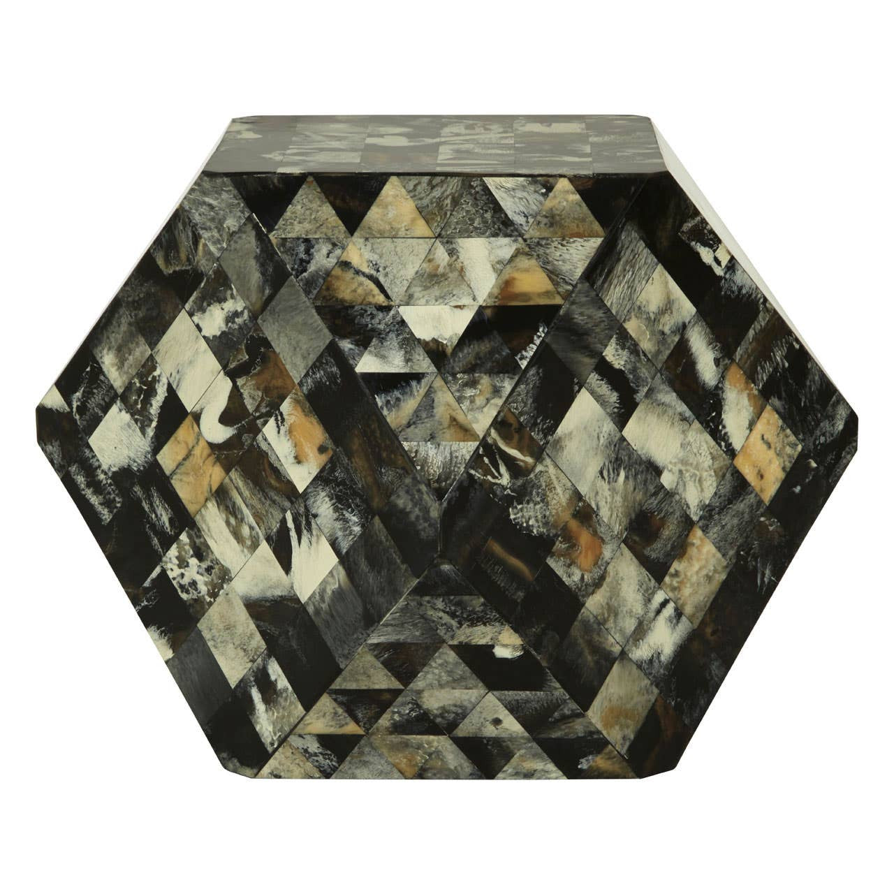 Antique green mosaic geometric hexagon side table featuring a multi-faceted surface with a mix of earthy tones, including greens, browns, and hints of gold, creating a textured and visually striking design. The table has a unique hexagonal shape and a smooth top, suitable for use as a side table or accent piece in home decor