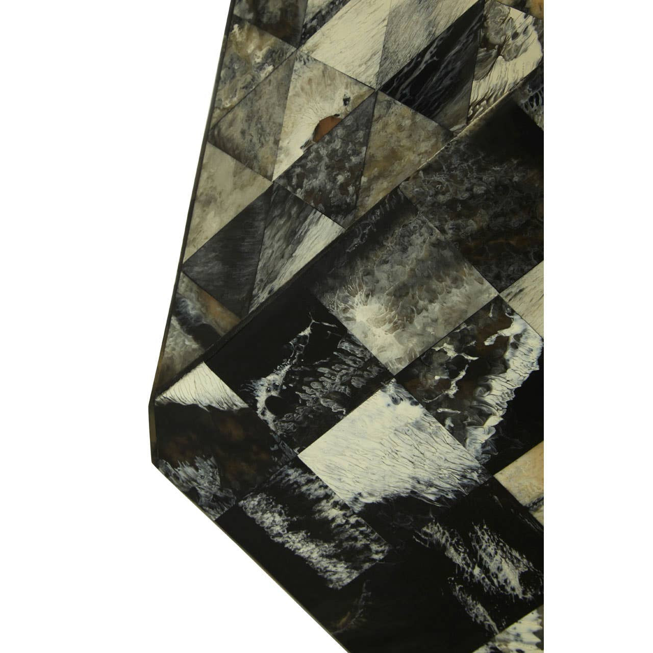 Antique green mosaic geometric hexagon side table featuring a unique patchwork design with varying shades of green, black, and cream. The table has a smooth surface and a sturdy base, ideal for adding a decorative touch to any living space