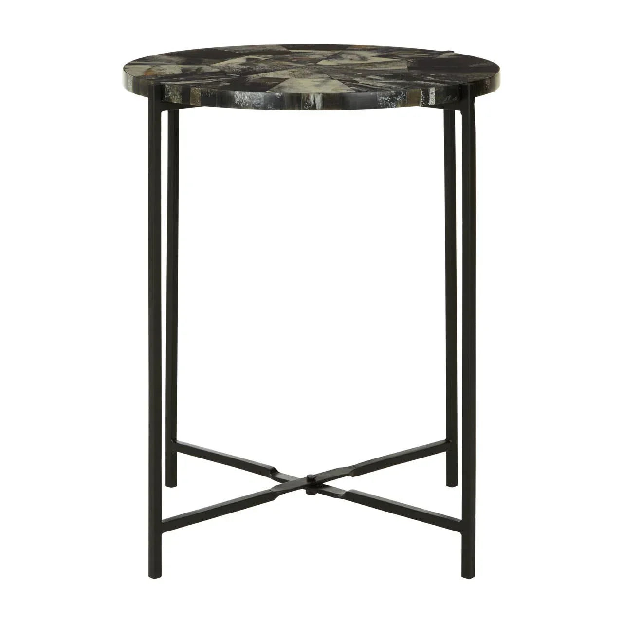Round side table with black metal legs and a marble patterned top