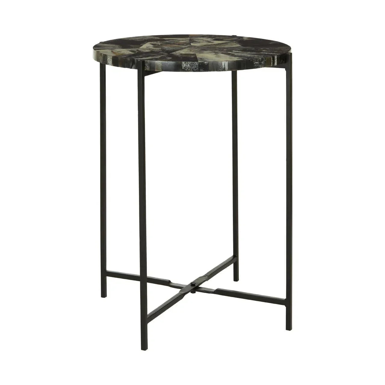 Round side table with black metal legs and geometric patterned top